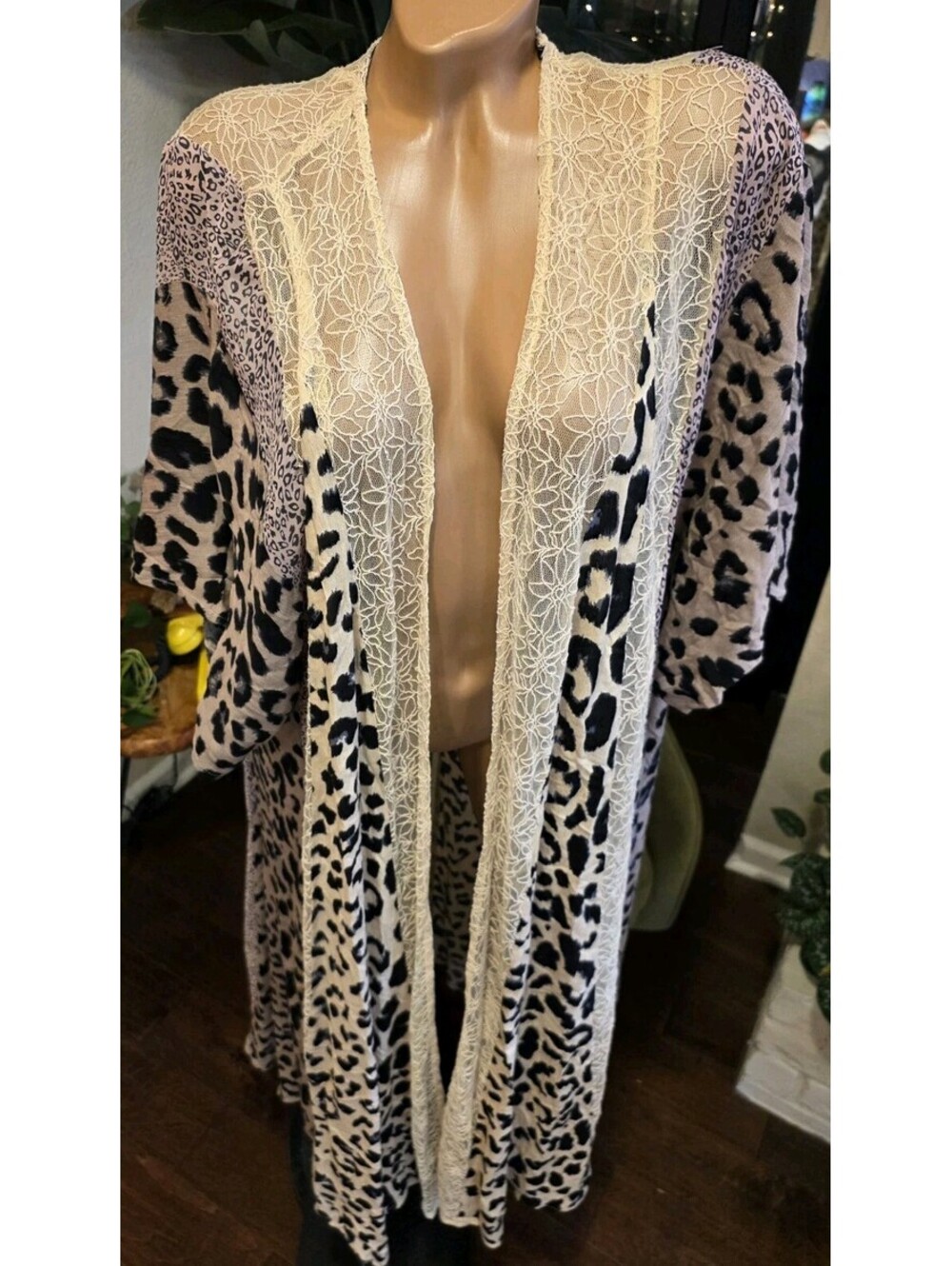 GIGIO Plus XL Leopard Print Lace Duster Kimono Open Front Cardigan Boho Duster - Picture 2 of 7
